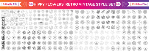 Groovy hippy daisy flowers set. hand drawn decorative elements. Retro vintage style, flower icon, flat colors, Flat cartoon, Vector illustration.