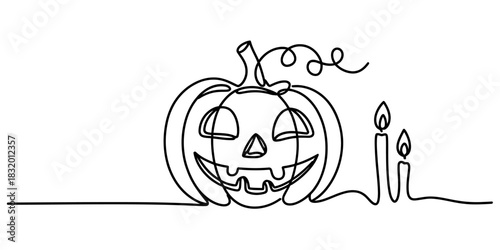 Continuous line drawing of a smiling halloween jack-o'-lantern pumpkin with two burning candles, evoking a spooky festive atmosphere Vector, illustration