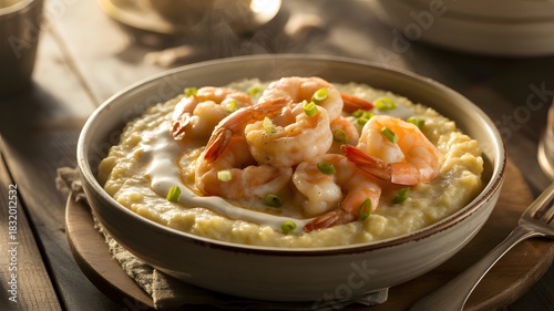 Fototapeta Naklejka Na Ścianę i Meble -  Shrimp and grits in a bowl Southern cuisine with creamy polenta garnished with green onions on a wooden table