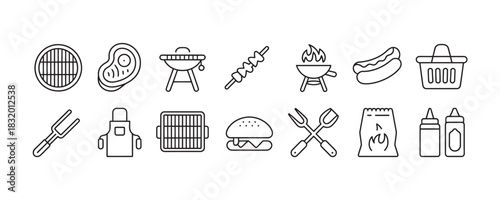 Variety of picnic and barbecue icons in simple line style
