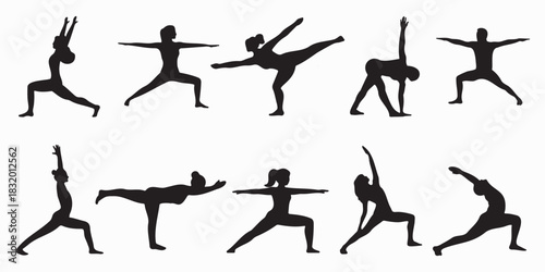 Yoga Warrior Pose Silhouette Set for Fitness, Exercise, and Meditation Design