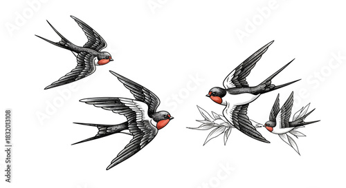 Artistic depiction of swallows in flight showcasing detail and avian beauty in design