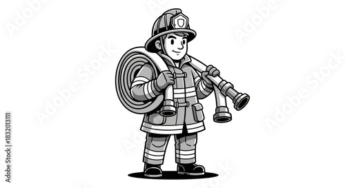 Brave cartoon firefighter in uniform, ready to rescue with coiled hose over shoulder