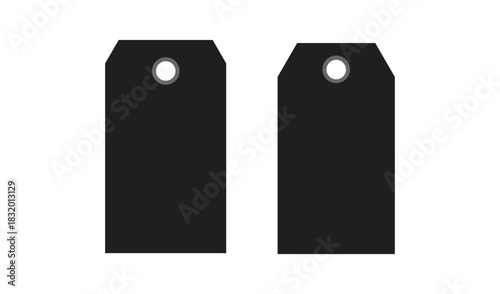 Two black blank price tags with hole for hanging isolated on white background