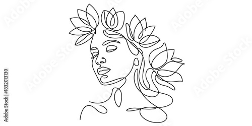 Continuous line art portrait of a serene woman with closed eyes and delicate facial features, adorned with elegant floral elements in her hair, a minimalist design. Vector, illustration