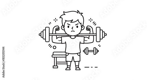 Boy flexing muscles while lifting weights showing off his fitness lifestyle illustration