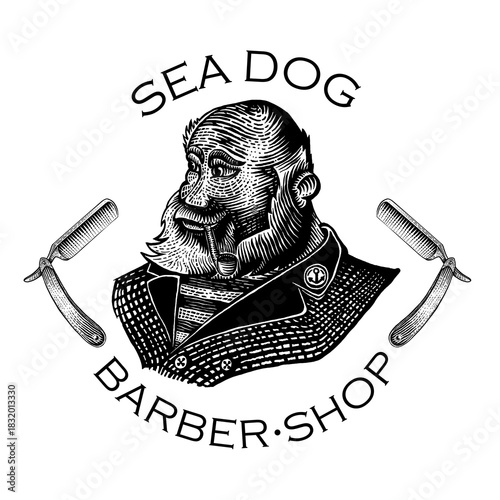 Beard man with pipe between two razor. Barber Shop Emblem vector illustration in engraving style
