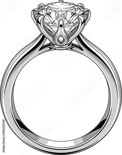 Solitaire Diamond Engagement Ring with Platinum Band and Faceted Gemstone on Christmas White Background