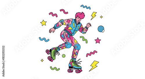 Get ready to groove with this fun, retro roller skater illustration that brings a vibrant 80s vibe to your projects with playful shapes and colors