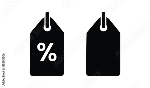 Black silhouette of two price tags one with a percentage symbol