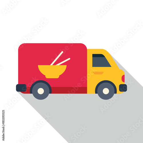 Food delivery truck delivering a takeout meal with chopsticks and bowl icon