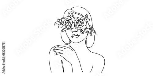Minimalist one line art drawing of a woman with roses covering her eyes, expressing natural beauty, femininity, abstract portrait. Vector, illustration