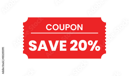 Red coupon with text save 20 percent discount offer