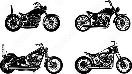 Set of vintage custom chopper motorcycles with stylized classic frames, exposed engines, large wheels, and retro details. Black and white illustration, isolated on white background