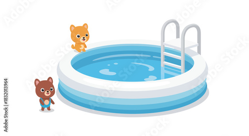 Cartoon animals playing near an inflatable pool, perfect for summer themed illustrations and