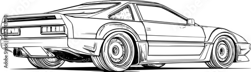 Detailed outline drawing of a retro sports car with large racing wheels and aerodynamic body for automotive design sketch, coloring page, and engineering illustration