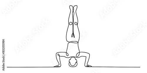 Continuous line drawing of a person performing a yoga headstand pose, showcasing balance, strength, and mindful wellness artwork. Vector, illustration