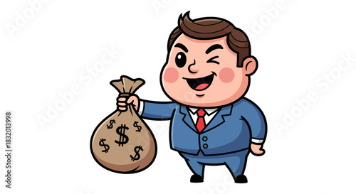 Cartoon businessman winking holding a money bag filled with dollar symbols on a white background