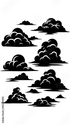 Cloud Silhouette Collection of Stylized Weather Icons in Vector Format Isolated on White Background Featuring Various Shapes for Forecast