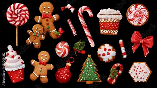Christmas sweets and gingerbread cookies on black background, top view