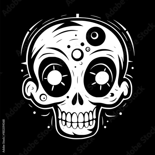 Playful skull face with large round eyes and toothy grin, swirling ornamental accents surrounds the head, black and white graphic