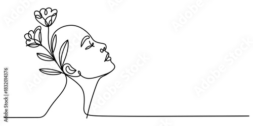 Minimalist continuous line art drawing of a serene woman's face in profile with delicate blooming flowers symbolizing growth and nature Vector, illustration
