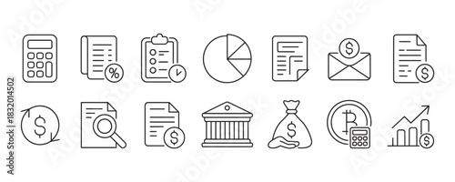 Financial planning icons for business growth and investment success in modern, minimalist line art style for websites and infographics