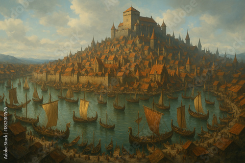 a detailed illustration of a viking settlement by a harbor
