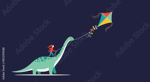 Whimsical illustration of a young girl riding on the back of a friendly green dinosaur while flying a colorful kite in the sky.