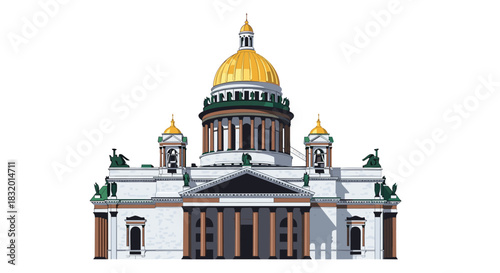 Detailed vector illustration of the famous Saint Isaacs Cathedral in Saint Petersburg Russia with its grand golden dome.