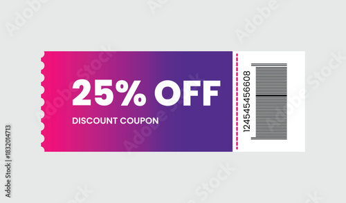 Colorful 25 percent off discount coupon with barcode and perforated edge
