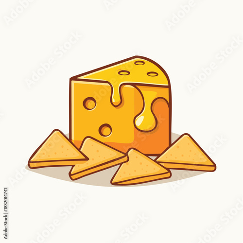A Wedge Of Yellow Cheese With Melted Cheese Dripping And Four Tortilla Chips Arranged Around The Base Isolated On A White Background