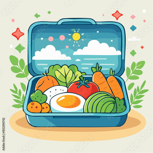 Blue Lunchbox Filled With Fresh Vegetables Egg Rice And Fruit Under A Bright Sunny Sky With Clouds And Sparkles