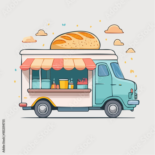 Light Blue Food Truck with Orange and White Awning Serving Bread on Top with Small Clouds and Confetti in Background