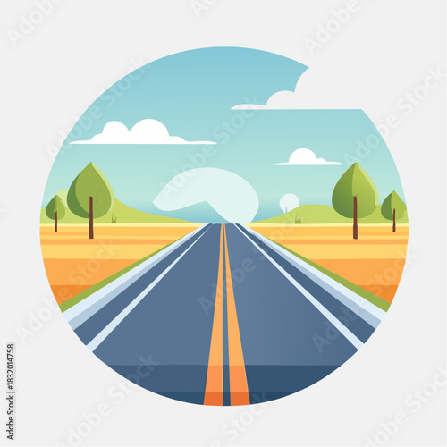 Expansive Open Road Stretching Towards a Distant Horizon Under a Blue Sky with Fluffy Clouds and Green Trees Lining the Sides