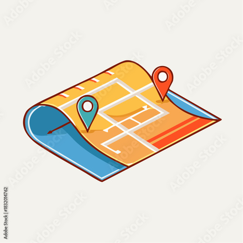 Illustration Of A Folded Map With Two Location Pins Showing A Route And Destinations On A White Background
