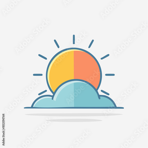 Stylized Sun Peeking From Behind A Fluffy Cloud With Rays Emanating Against A White Background