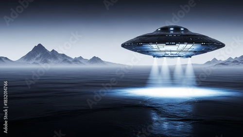 Fototapeta Naklejka Na Ścianę i Meble -  UFO Hovering Over Frozen Sea with Intense Light Beams