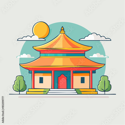 Traditional Asian Temple Building With Orange Roof and Green Trees Under a Bright Sun and Clouds