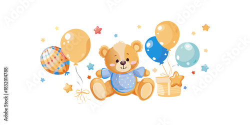 Baby Boys art posters cute cuddly teddy bear and balloon  design composition in trendy contemporary collage style, for wall art decoration, postcard, cover design .vector icon
