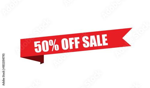 Red banner with 50 percent off sale text for promotions