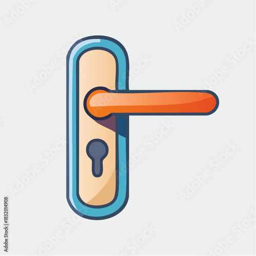 Bright Orange Door Handle With Keyhole On Light Blue Plate Isolated On White Background