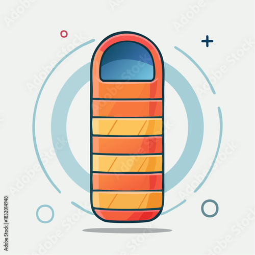 Orange And Yellow Striped Sleeping Bag With Blue Interior On A Light Blue Background With Abstract Circular Design Elements
