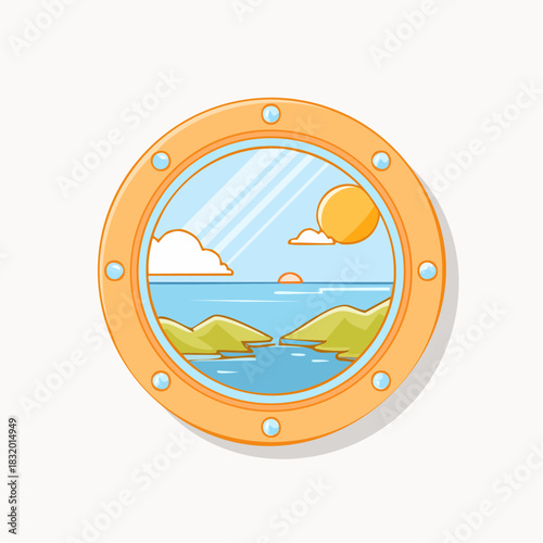 Pixel Art Ocean View Through Ship Porthole Window With Sunrise Over Green Islands And Clouds