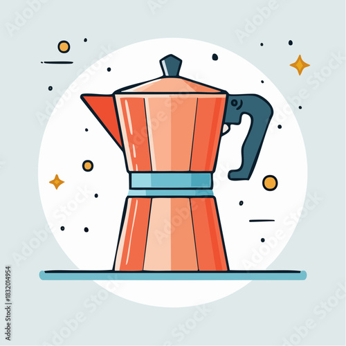 Orange Moka Pot Coffee Maker With Blue Accents And Decorative Stars On A Light Blue Background With Small Dots And Lines