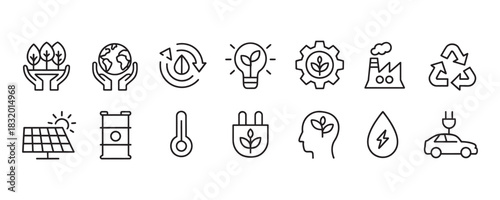 Eco-Friendly Living Line Icons Set for a Greener Future, Sustainable Energy Solutions and Clean Environment, Perfect for Eco-Conscious Designs