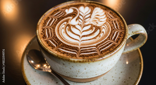 Indulge in this stunning coffee art cappuccino, a delicious treat to brighten your day and add elegance to your cafe or restaurant promotions!
