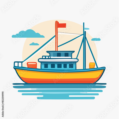 Colorful Fishing Boat Sailing on Blue Water Under a Warm Sun with Clouds and a Red Flag