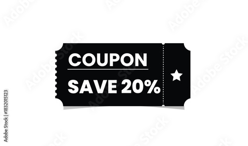 Black coupon with white text saving twenty percent off