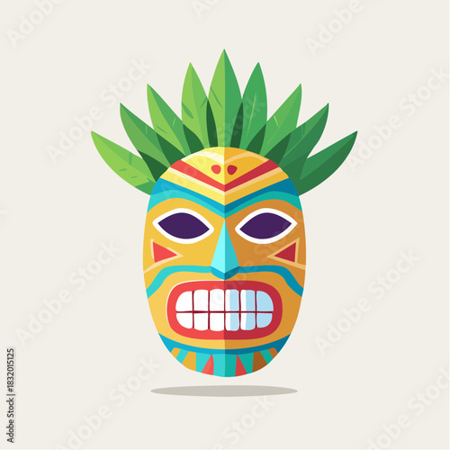Colorful Tribal Tiki Mask with Green Leaf Headdress and Grinning Teeth Isolated on Light Background